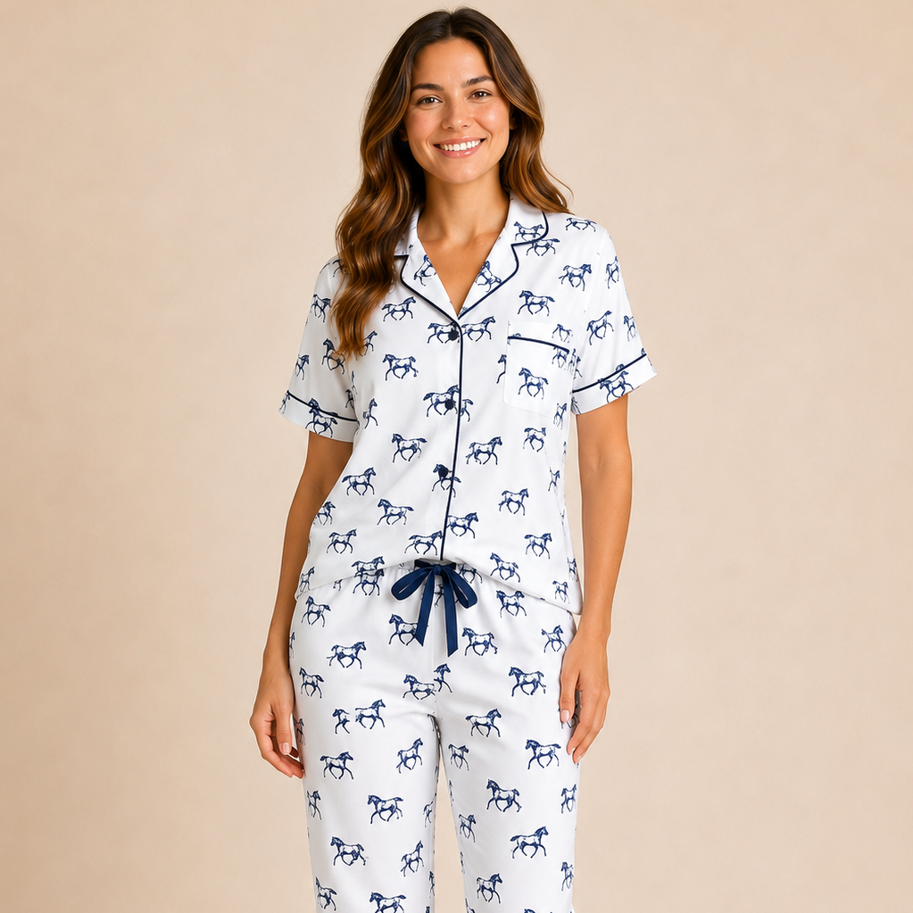 Woman wearing a white pajama set with blue horse print on a beige background